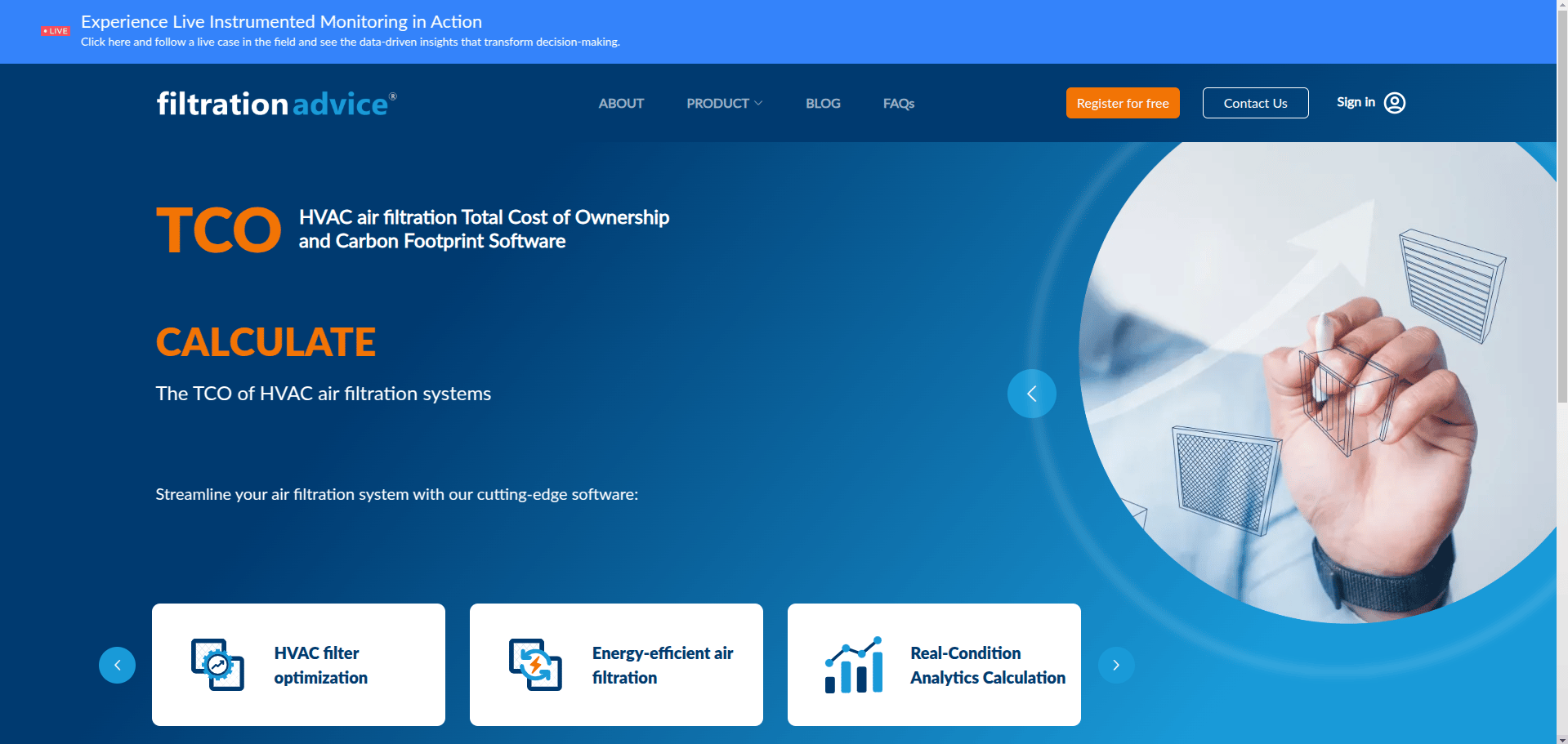 Filtration Advice home page for its HVAC air-filtration total-cost-of-ownership software