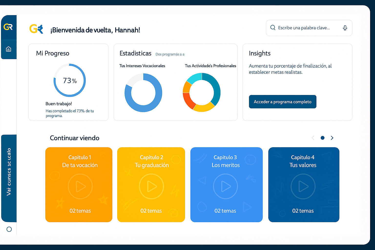 Growth Road student dashboard with a progress ring, vocational-interest charts and course chapters